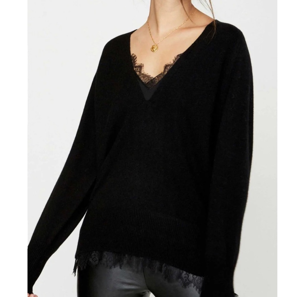 Brochu Walker Lace Vee Layered Look Sweater Size M Pullover Wool Cashmere Black